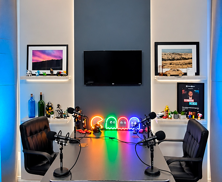 Mesa de gravação da Younik com cadeiras, microfones e monitor
