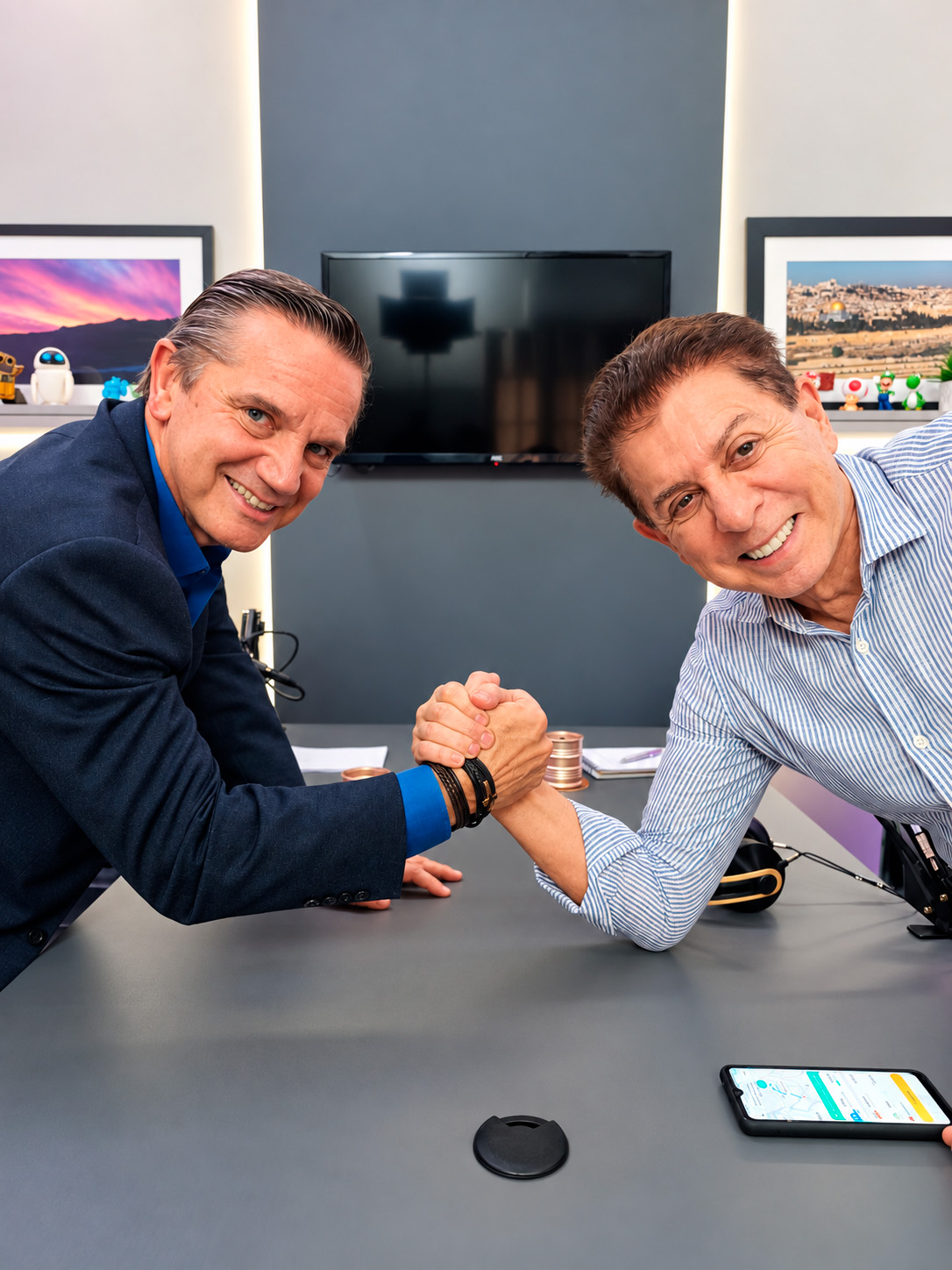 Dois participantes se cumprimentam durante a produção de uma entrevista