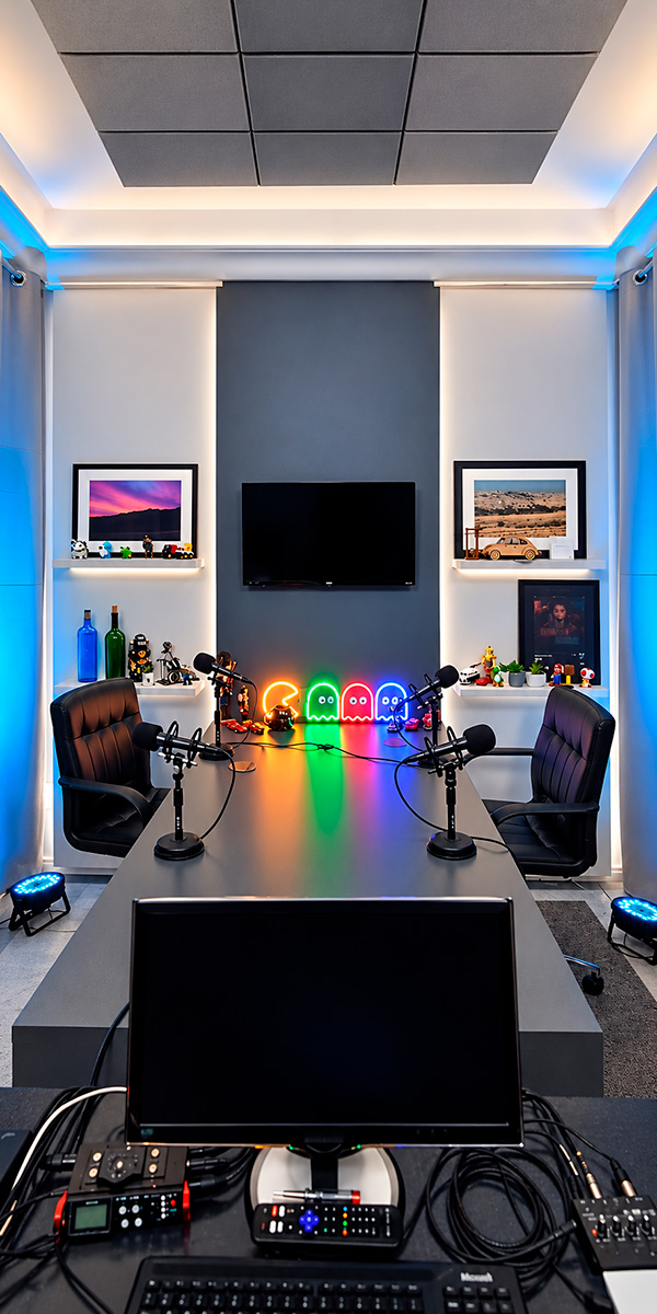 Ambiente de gravação com mesa, microfones e equipamentos de produção