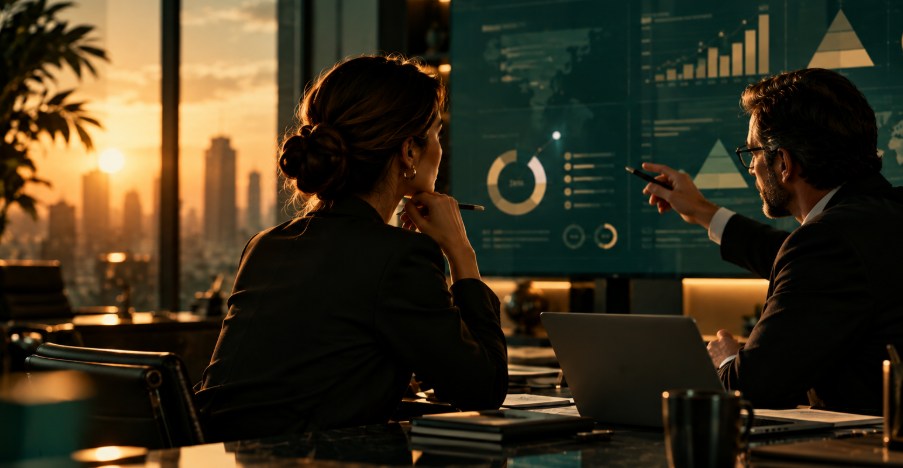 Executivos analisam dados e estratégias corporativas