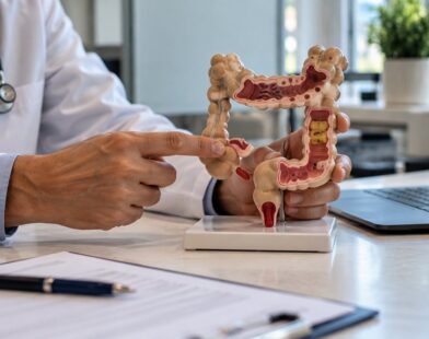 Médico com jaleco aponta para um modelo anatômico do intestino grosso durante explicação clínica.