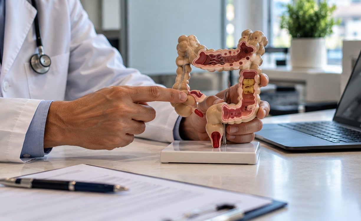 Médico com jaleco aponta para um modelo anatômico do intestino grosso durante explicação clínica.