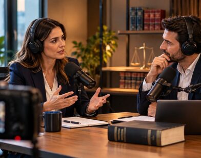 Advogada fala ao microfone em um estúdio de podcast enquanto outro profissional acompanha a conversa, com livros jurídicos ao fundo.