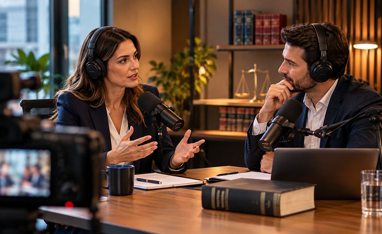 Advogada fala ao microfone em um estúdio de podcast enquanto outro profissional acompanha a conversa, com livros jurídicos ao fundo.