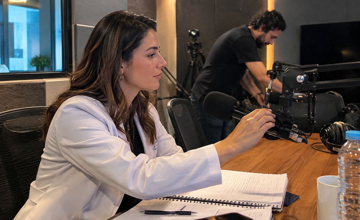 Médica prepara o microfone em estúdio de podcast enquanto técnico ajusta equipamentos ao fundo.
