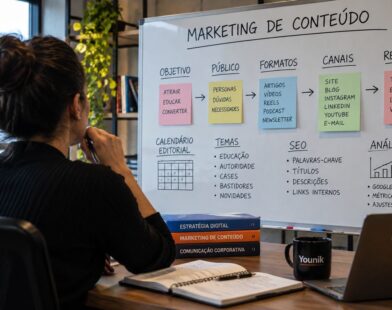 Profissional analisa planejamento de conteúdos em quadro com etapas editoriais, calendário e indicadores.