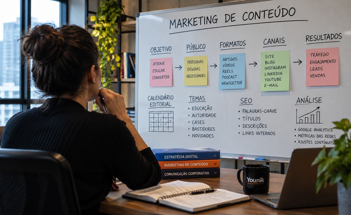 Profissional analisa planejamento de conteúdos em quadro com etapas editoriais, calendário e indicadores.