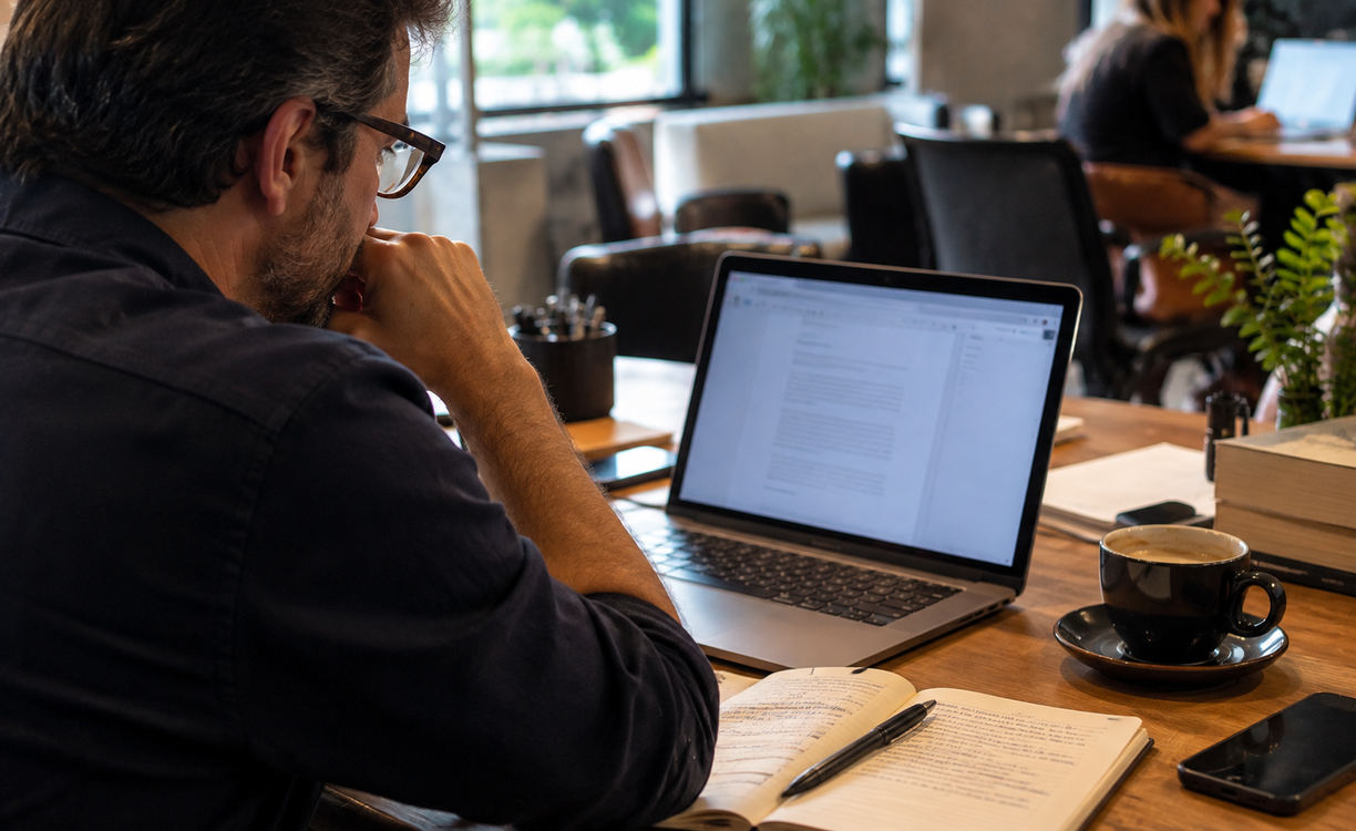 Profissional revisa um artigo no notebook com caderno e café em uma mesa de coworking.
