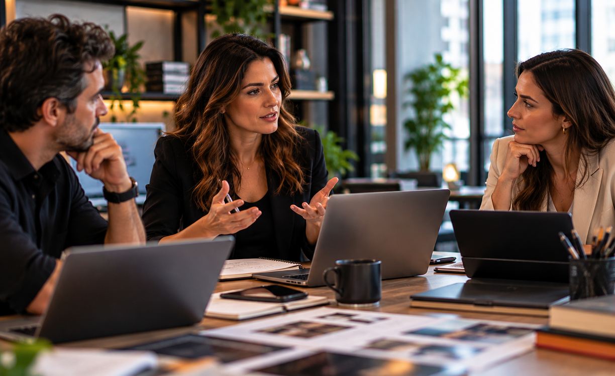 Equipe profissional conversa sobre estratégia de conteúdo e aquisição de clientes durante reunião em escritório.