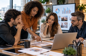 Equipe de profissionais planeja ações de marketing de conteúdo em uma mesa com computadores e materiais de comunicação.