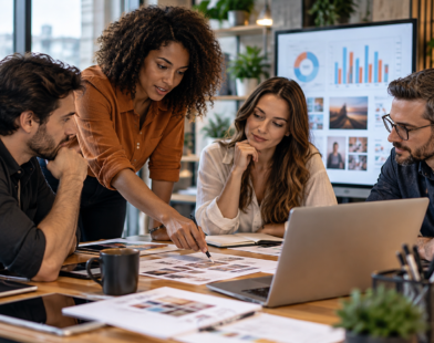 Equipe de profissionais planeja ações de marketing de conteúdo em uma mesa com computadores e materiais de comunicação.