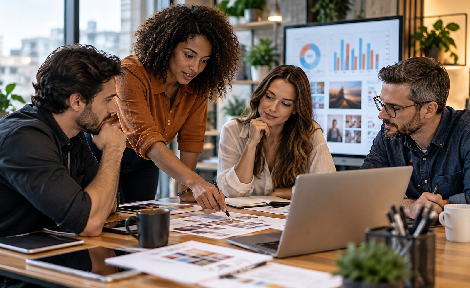 Equipe de profissionais planeja ações de marketing de conteúdo em uma mesa com computadores e materiais de comunicação.