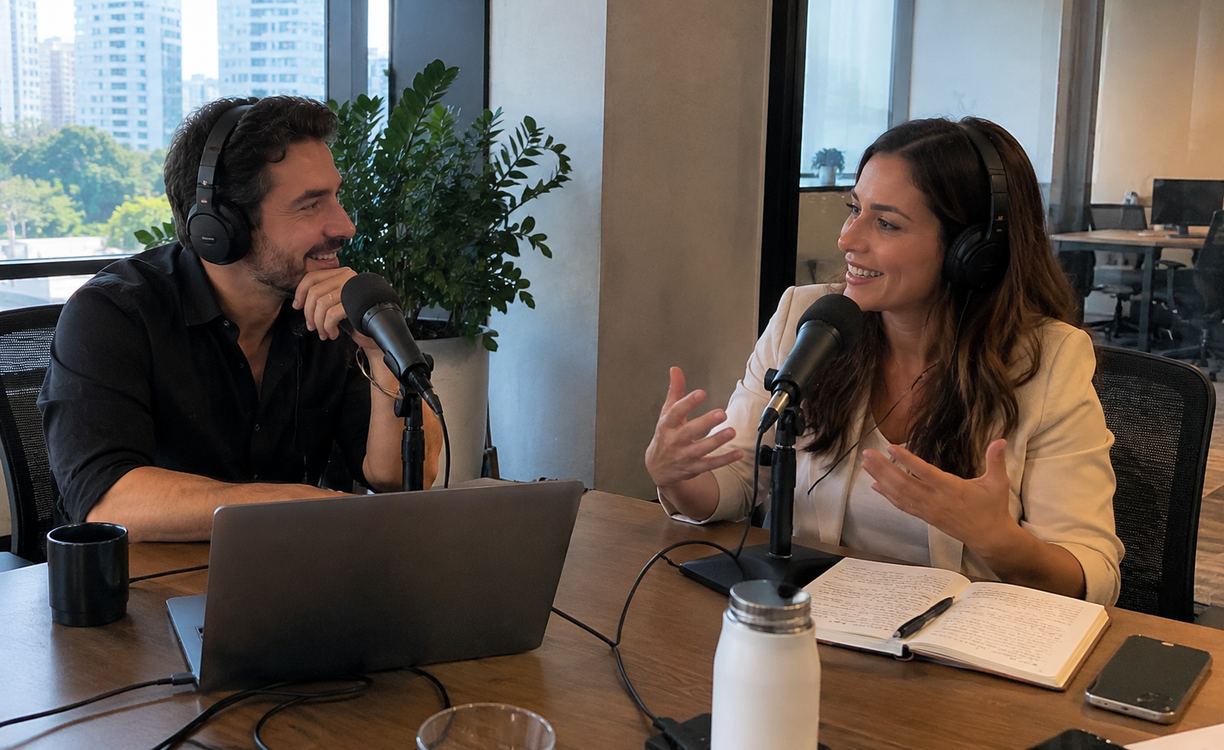 Dois profissionais conversam diante de microfones durante gravação de podcast em escritório, com notebook, anotações e ambiente corporativo.