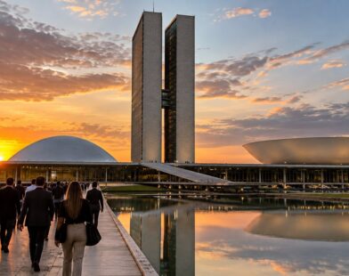 Imagem ilustrativa do Congresso Nacional em Brasília, com pessoas caminhando ao entardecer.
