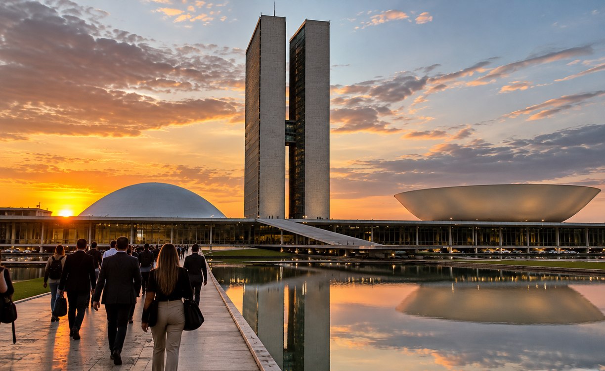 Imagem ilustrativa do Congresso Nacional em Brasília, com pessoas caminhando ao entardecer.
