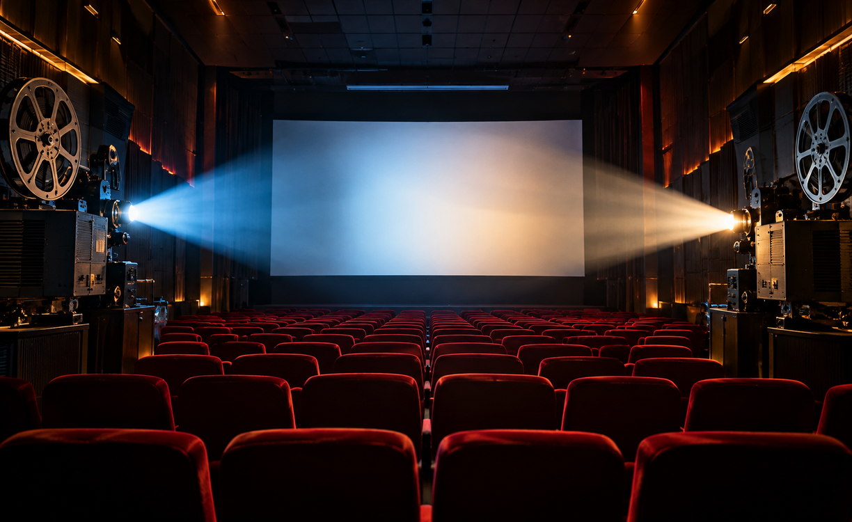 Sala de cinema com poltronas vermelhas e dois projetores, representando a união de grandes estúdios de Hollywood