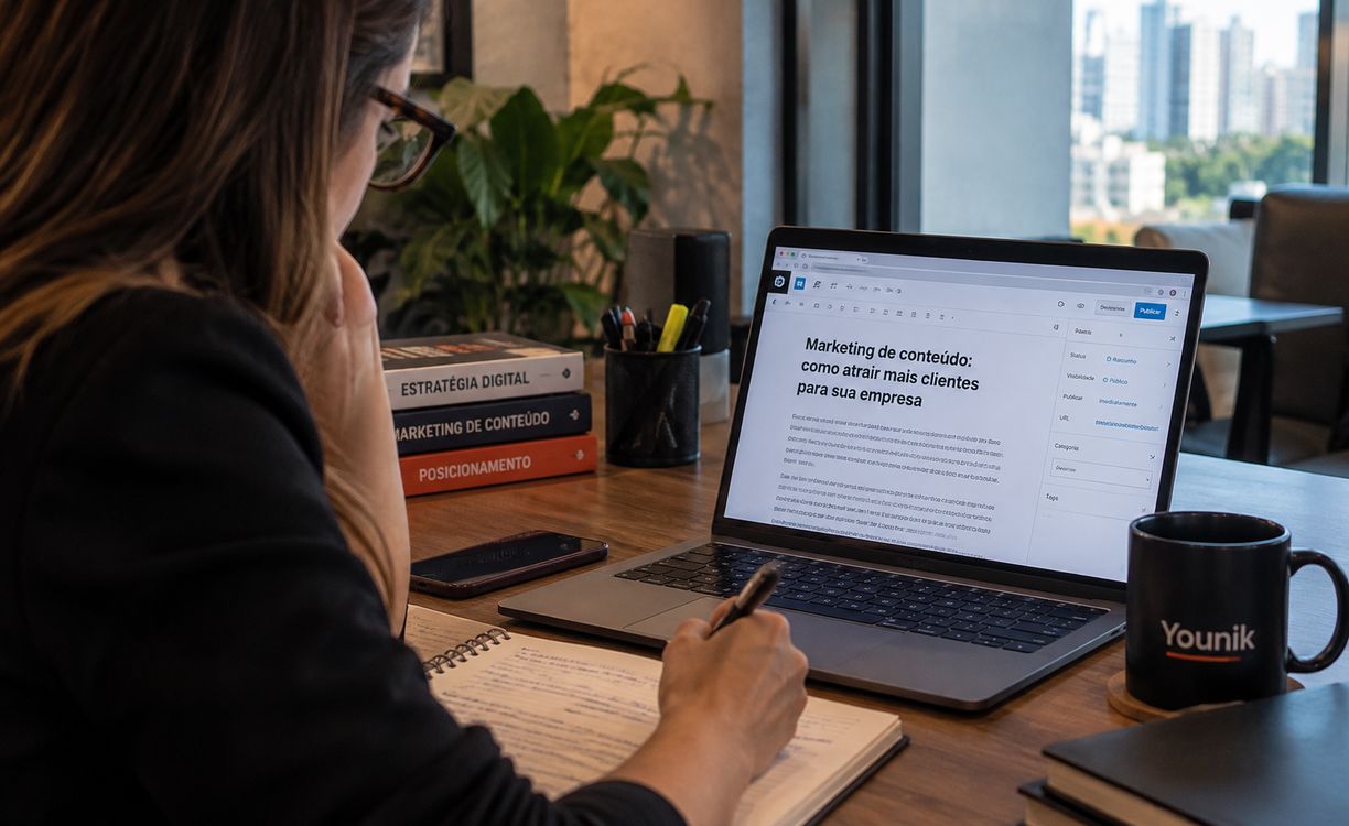 Profissional revisa um artigo no notebook e faz anotações à mão em mesa de trabalho próxima à janela.