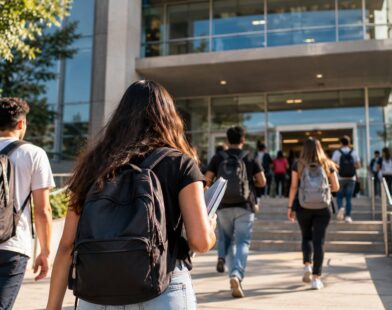 Jovens estudantes com mochilas caminham em direção à entrada de um prédio universitário moderno; imagem ilustrativa.