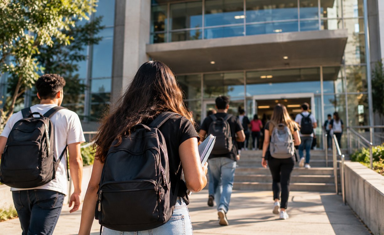 Jovens estudantes com mochilas caminham em direção à entrada de um prédio universitário moderno; imagem ilustrativa.