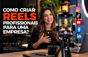 Profissional gravando vídeo vertical em ambiente de produção de Reels corporativos