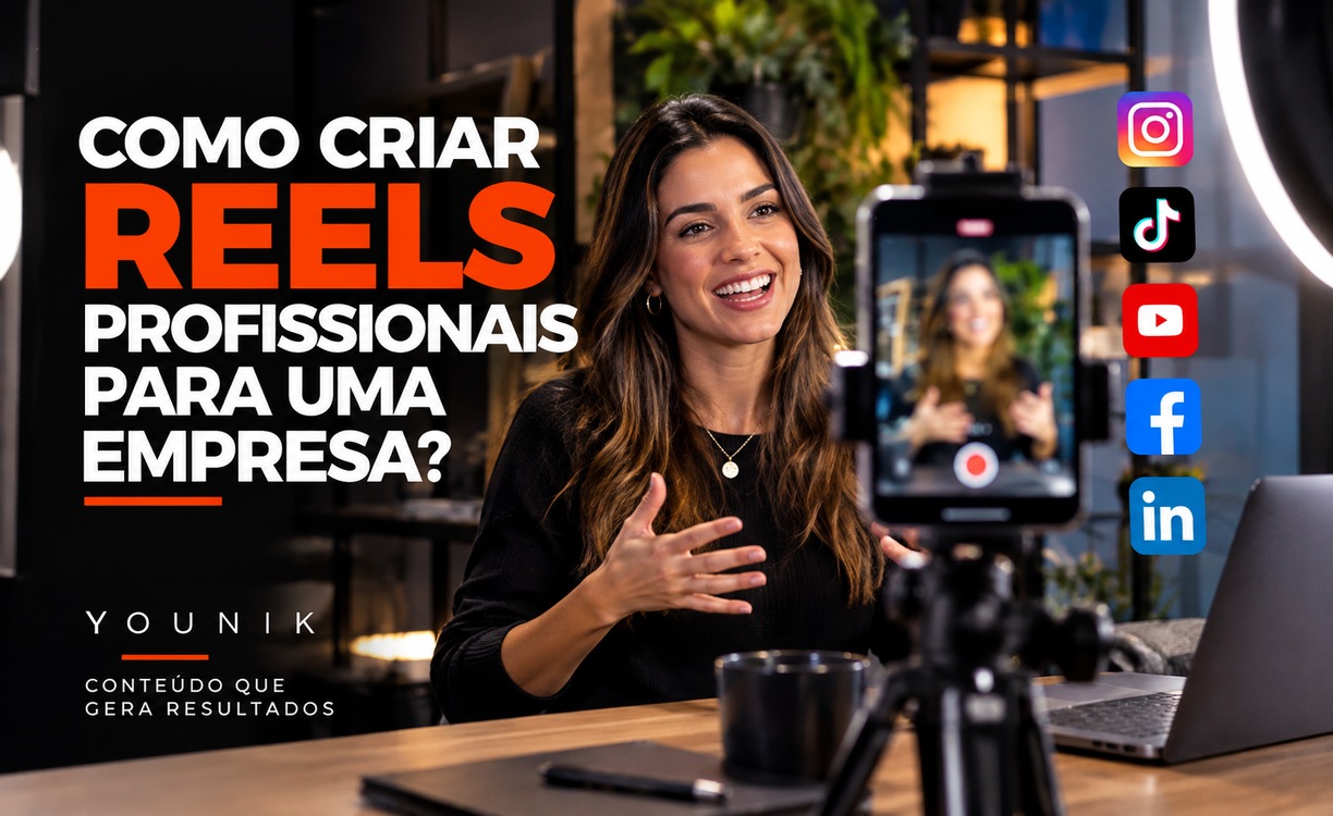 Profissional gravando vídeo vertical em ambiente de produção de Reels corporativos